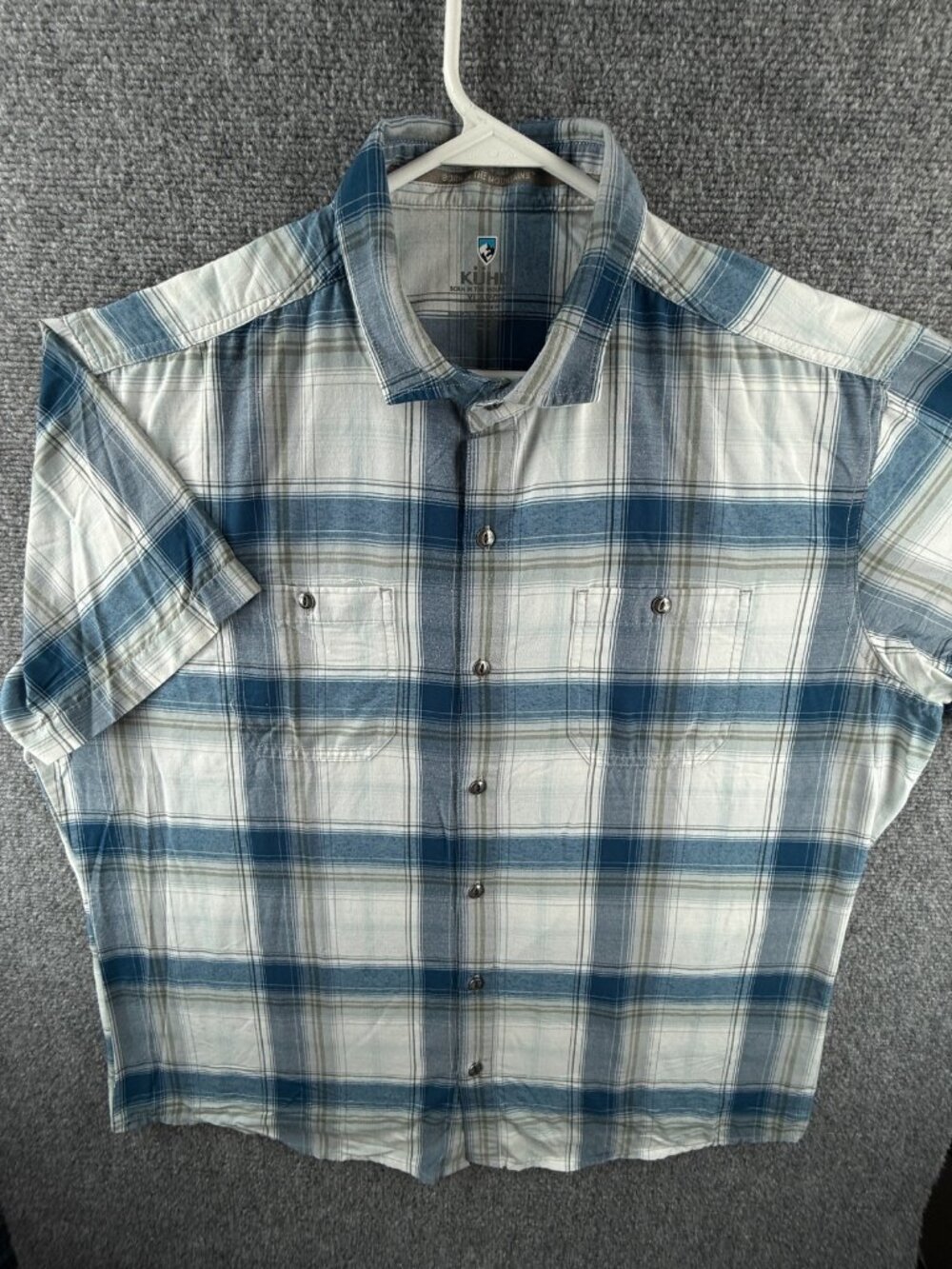 Kuhl Styk Short Sleeve Button Up Shirt Men Outdoors Blue Plaid XL Tapered Fit